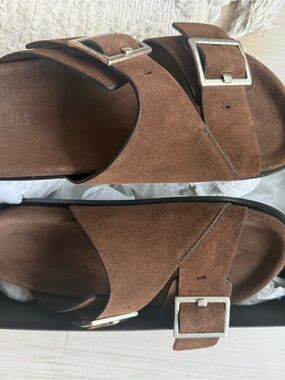 ALOHAS Brown Suede Adjustable Buckle Slide Sandals